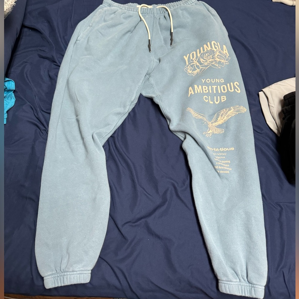 YoungLA Light Blue Sweatpants with Cream Graphic